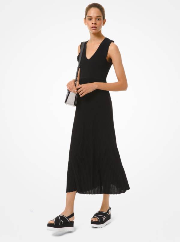 Damske Saty Michael Kors Ribbed Stretch Viscose Ruffle-Trim Čierne - Oblecenie Michael Kors Vypredaj | TYJMG-0254